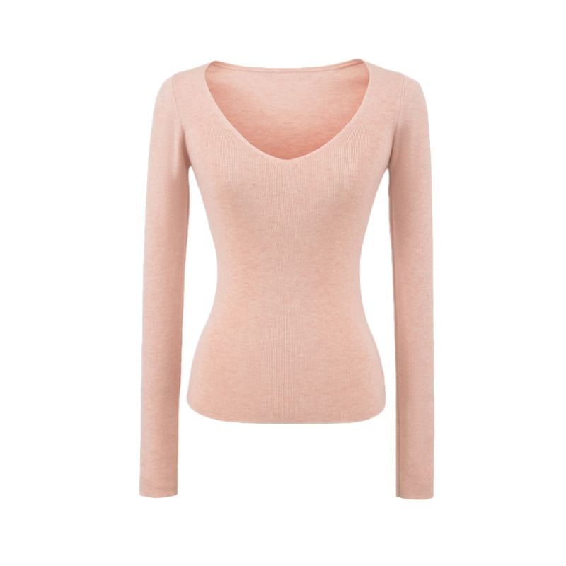 Plain Knit Long Sleeve V-Neck Top