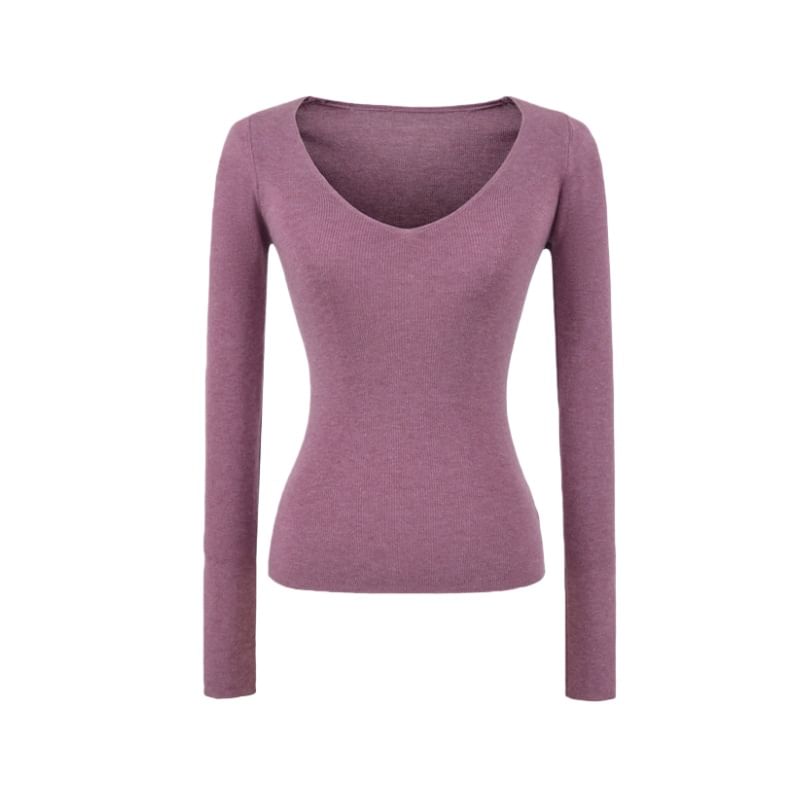 Plain Knit Long Sleeve V-Neck Top