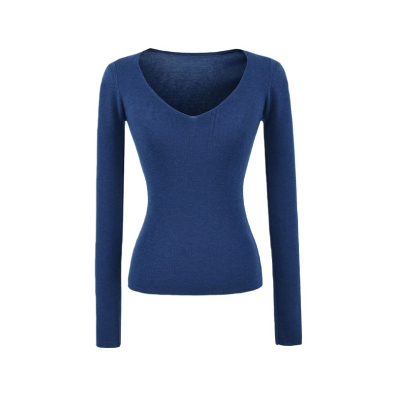 Plain Knit Long Sleeve V-Neck Top