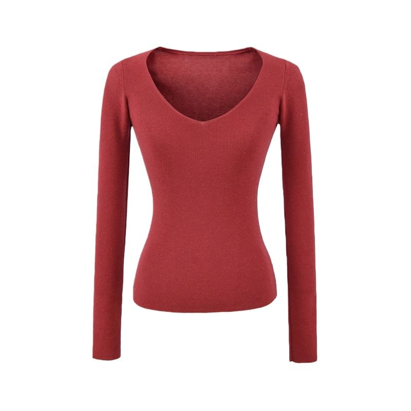 Plain Knit Long Sleeve V-Neck Top