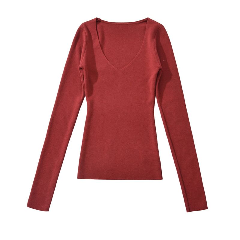 Plain Knit Long Sleeve V-Neck Top