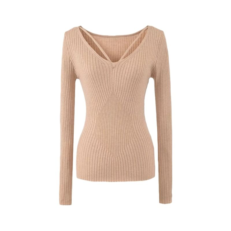 Ribbed Knit V-Neck Long Sleeve Tee