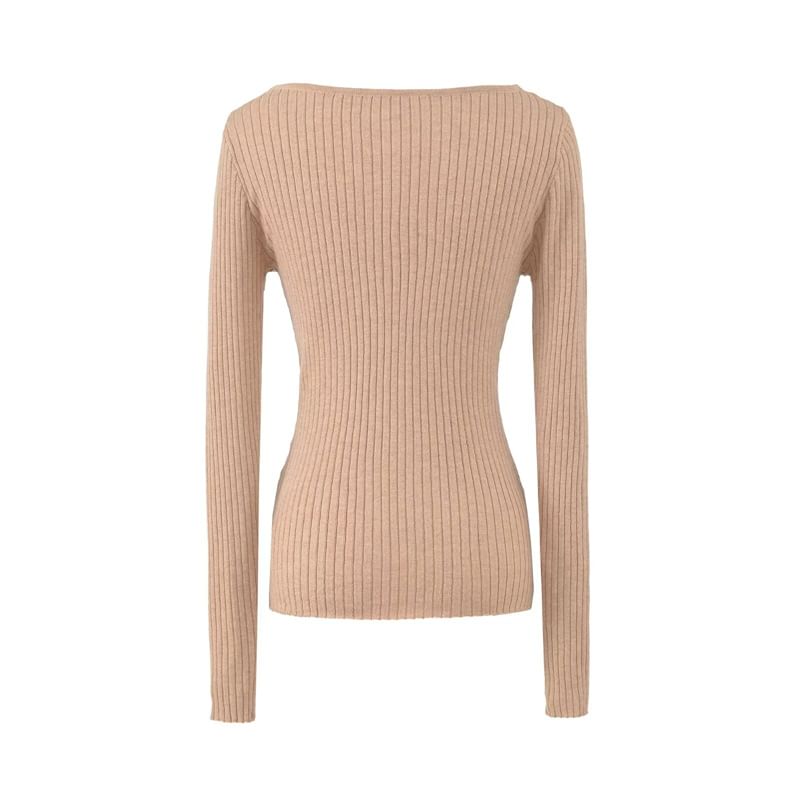 Ribbed Knit V-Neck Long Sleeve Tee