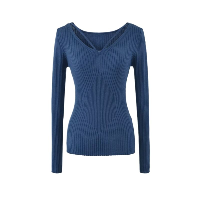 Ribbed Knit V-Neck Long Sleeve Tee