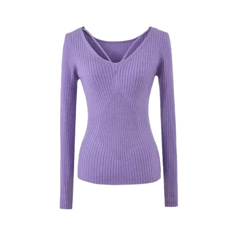 Ribbed Knit V-Neck Long Sleeve Tee