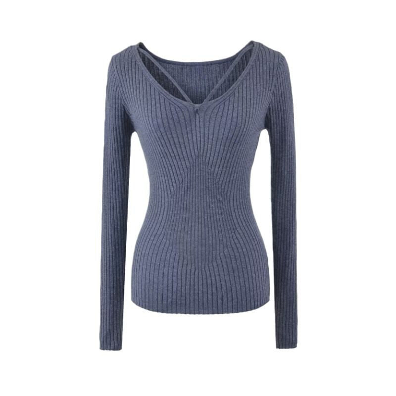 Ribbed Knit V-Neck Long Sleeve Tee