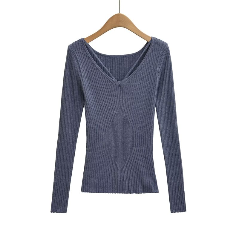 Ribbed Knit V-Neck Long Sleeve Tee
