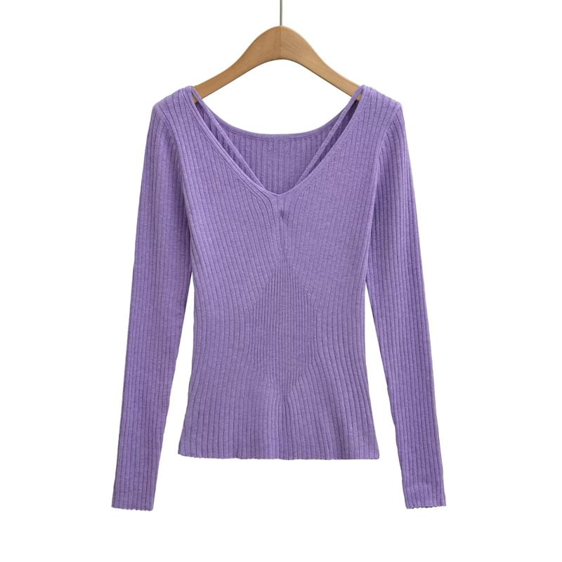 Ribbed Knit V-Neck Long Sleeve Tee