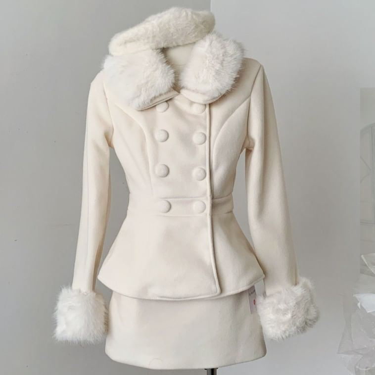 Set: Fluffy Collar Double-Breasted Jacket + High Waist Mini A-Line Skirt