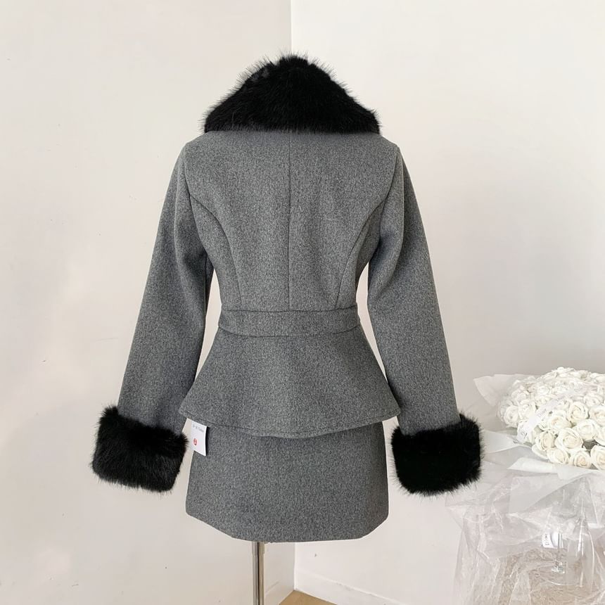 Set: Fluffy Collar Double-Breasted Jacket + High Waist Mini A-Line Skirt