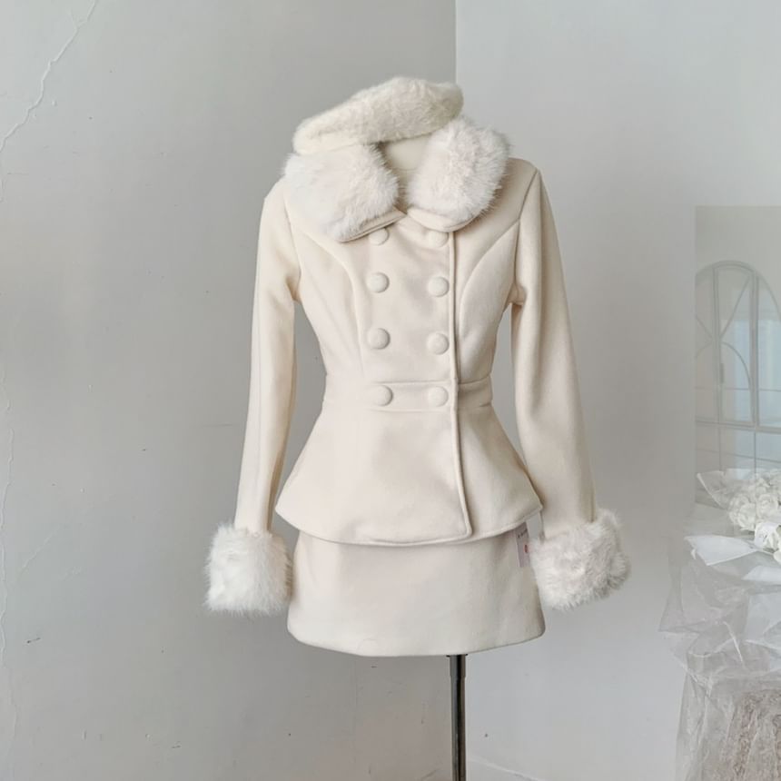 Set: Fluffy Collar Double-Breasted Jacket + High Waist Mini A-Line Skirt