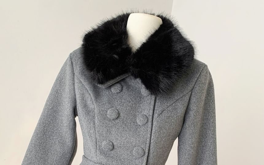 Set: Fluffy Collar Double-Breasted Jacket + High Waist Mini A-Line Skirt