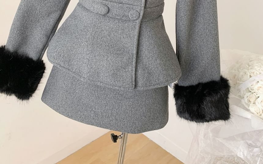 Set: Fluffy Collar Double-Breasted Jacket + High Waist Mini A-Line Skirt