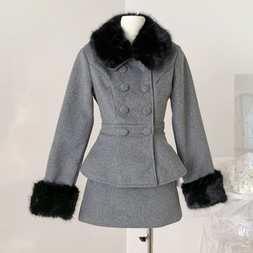 Set: Fluffy Collar Double-Breasted Jacket + High Waist Mini A-Line Skirt