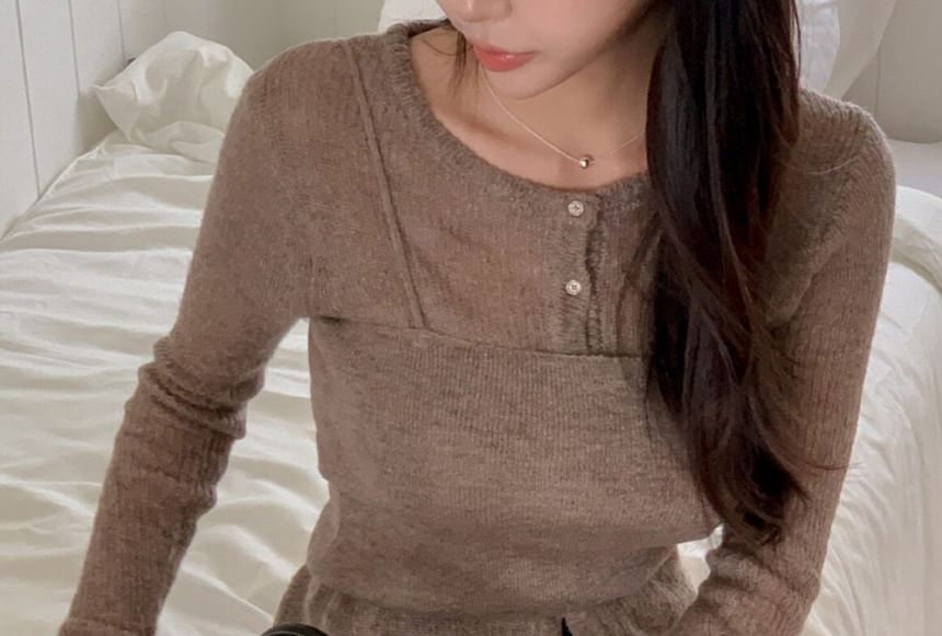 Set: Plain Knit Cropped Camisole Top + Cardigan