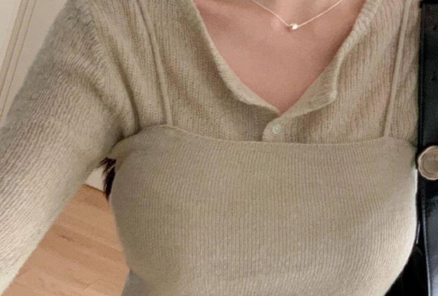 Set: Plain Knit Cropped Camisole Top + Cardigan