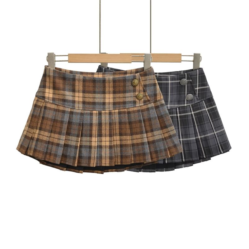 Mid Waist Plaid Mini Pleated A-Line Skirt