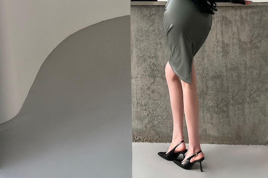 Faux Leather Ruched Mini Pencil Skirt with High Waist
