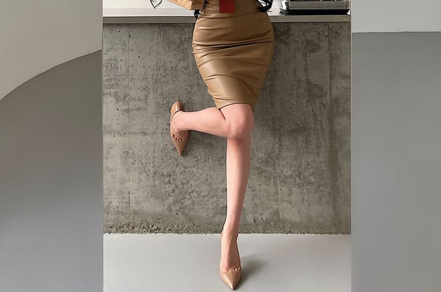 Faux Leather Ruched Mini Pencil Skirt with High Waist