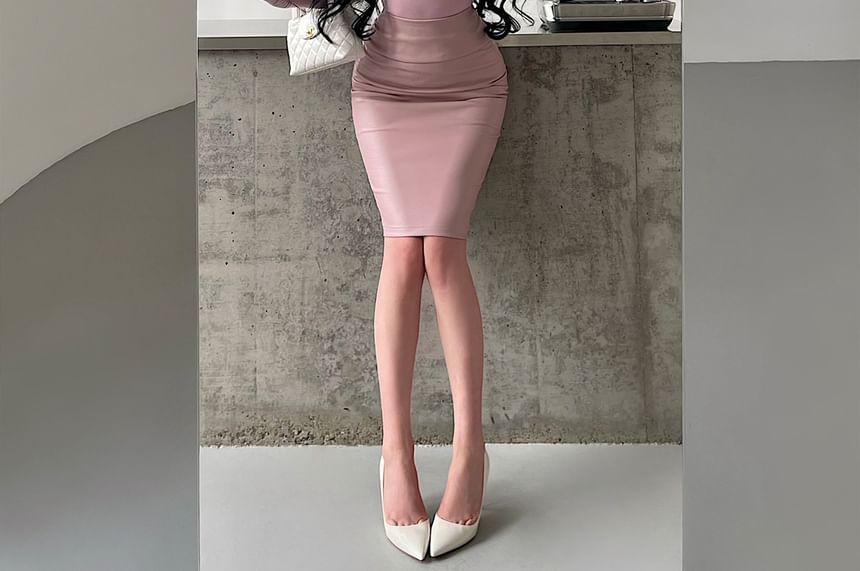 Faux Leather Ruched Mini Pencil Skirt with High Waist