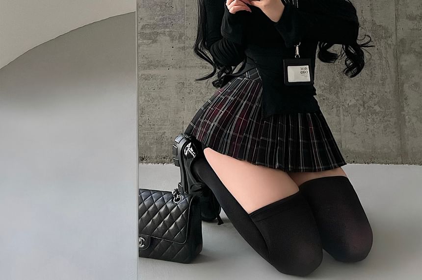 Plaid Mini Pleated Skirt and Mock Neck Top Set