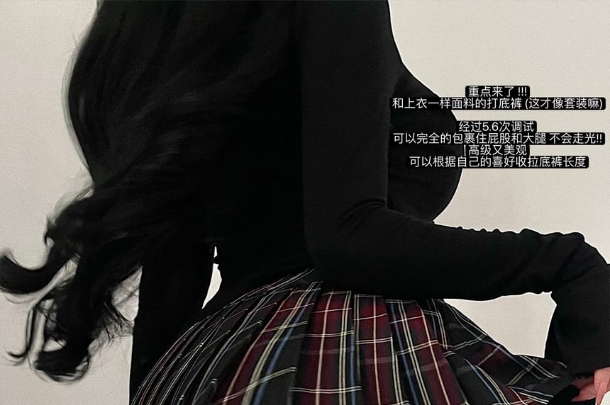 Plaid Mini Pleated Skirt and Mock Neck Top Set