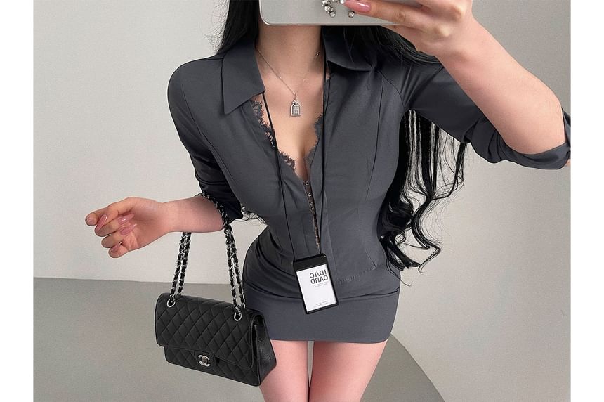Lace Panel Shirt and Mini Pencil Skirt Set - Slim Fit