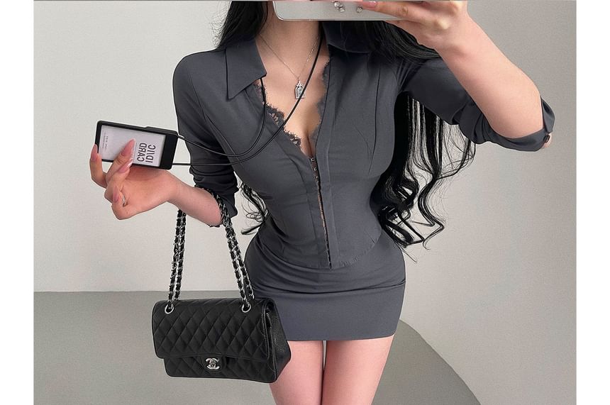 Lace Panel Shirt and Mini Pencil Skirt Set - Slim Fit