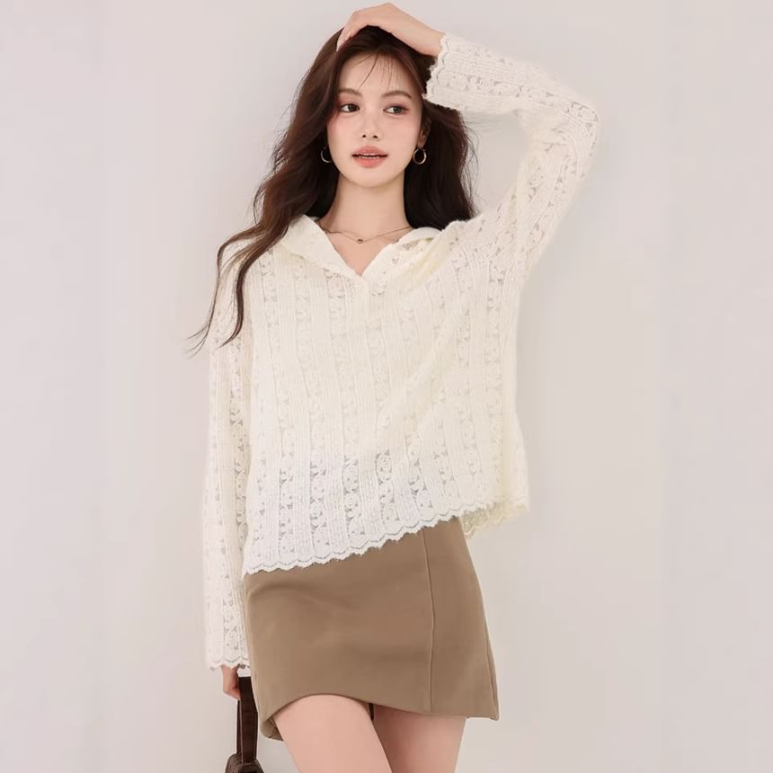 Henley Hood Lace Top Long Sleeve