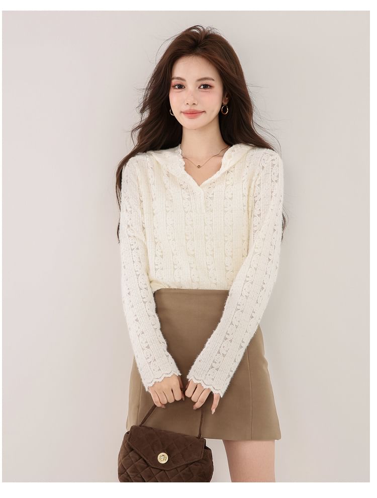 Henley Hood Lace Top Long Sleeve