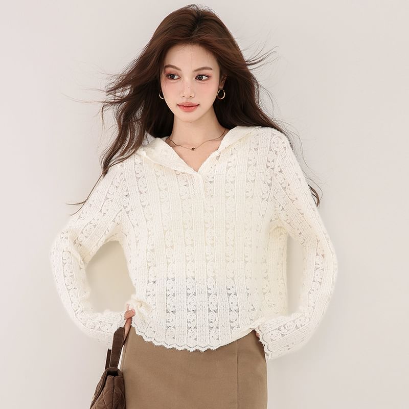 Henley Hood Lace Top Long Sleeve