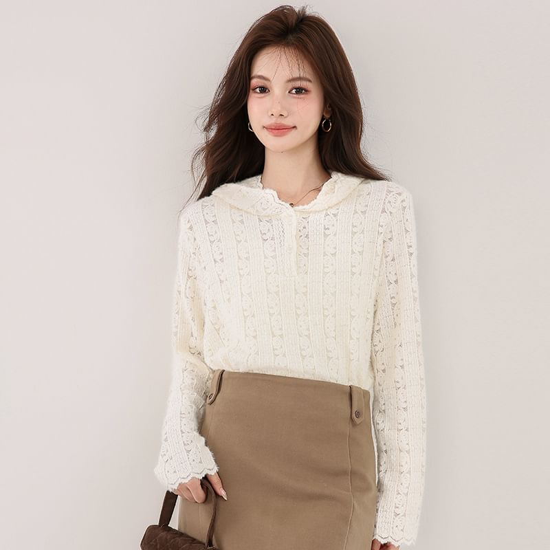 Henley Hood Lace Top Long Sleeve