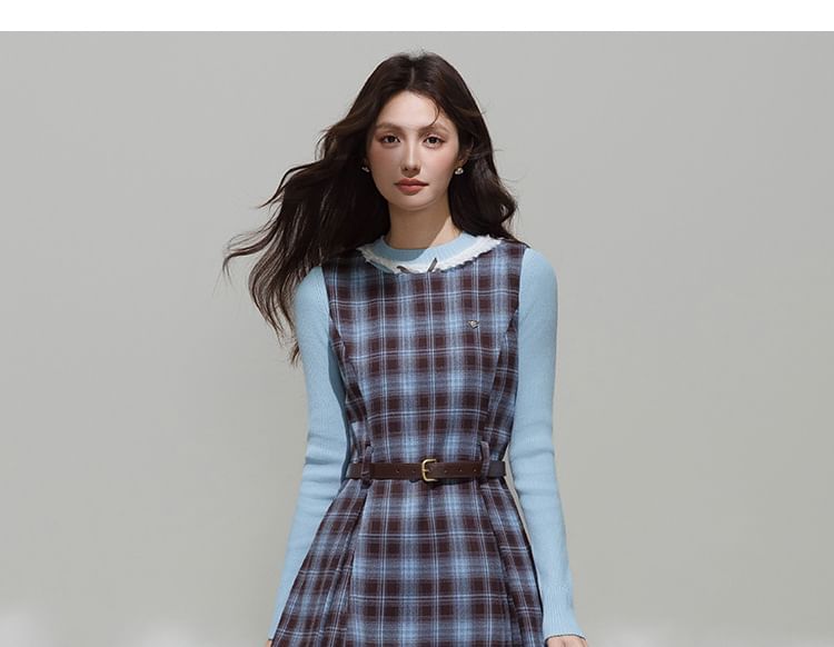 Mock Neck Knit Top or Plaid Bow Overall Dress