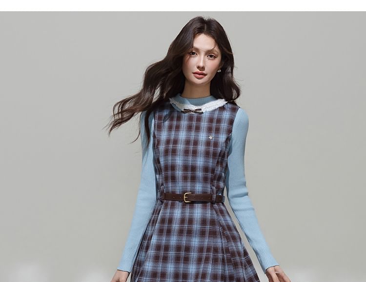 Mock Neck Knit Top or Plaid Bow Overall Dress