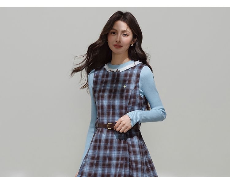 Mock Neck Knit Top or Plaid Bow Overall Dress