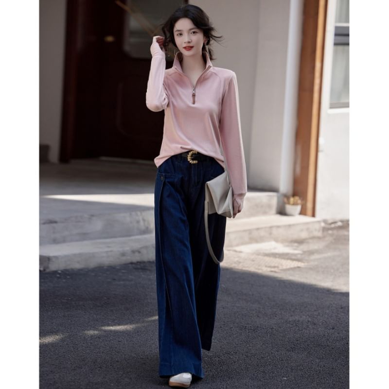 High-Neck Zip Tee with Long Sleeves