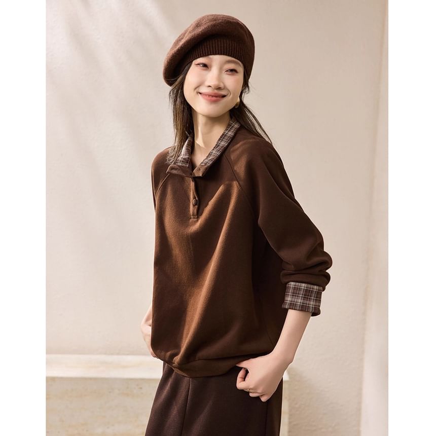 Stand Collar Plaid Panel Sweatshirt
