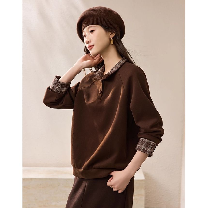 Stand Collar Plaid Panel Sweatshirt