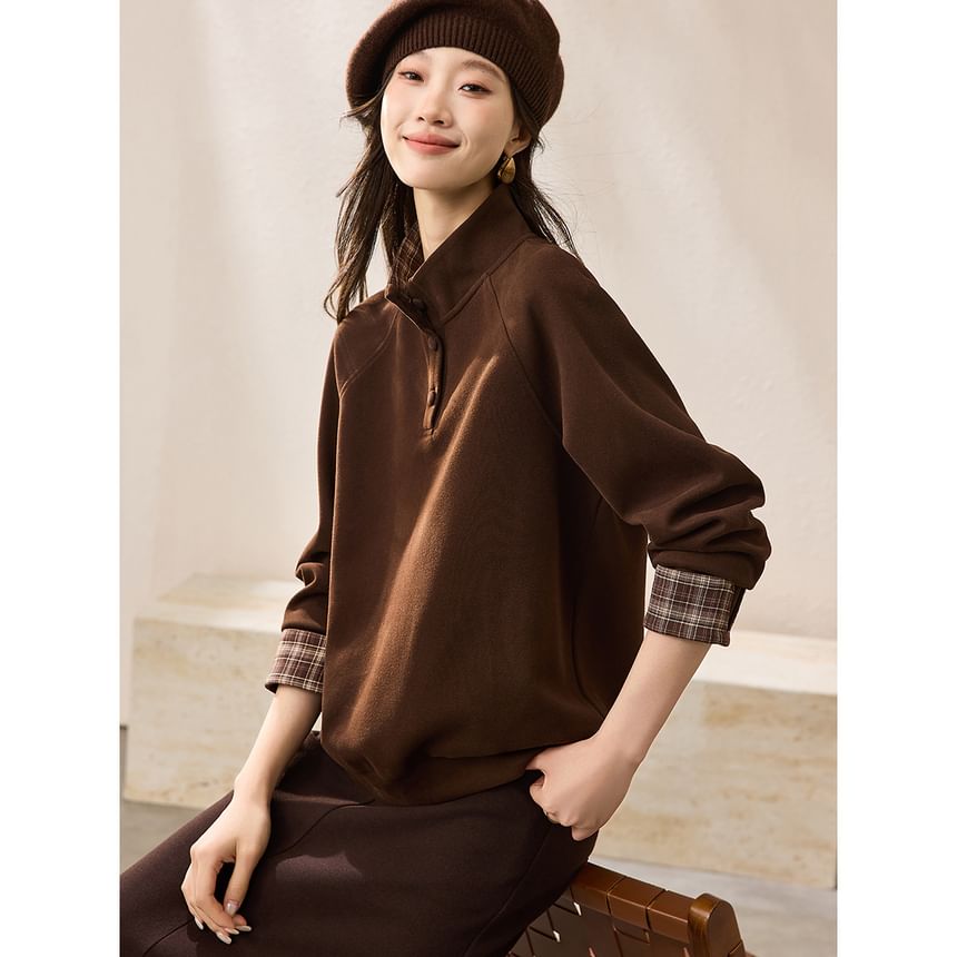 Stand Collar Plaid Panel Sweatshirt