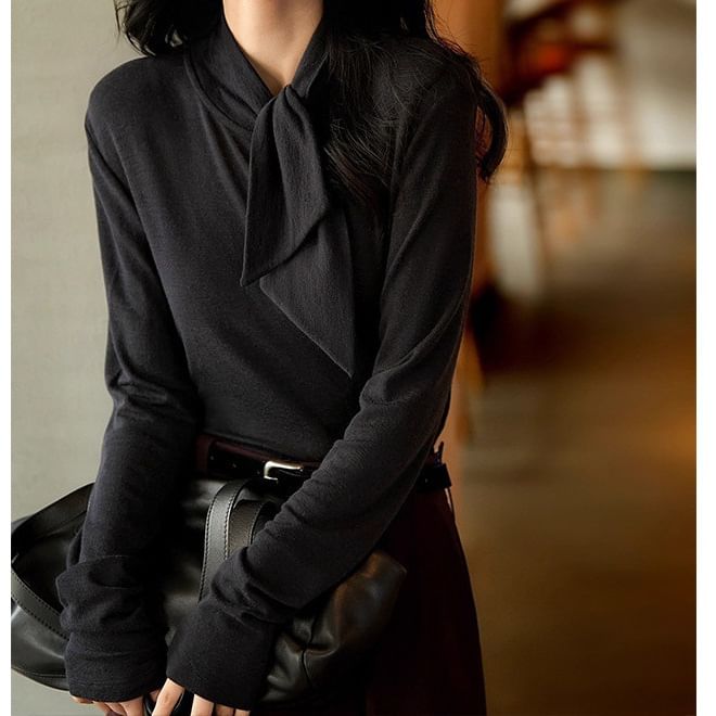 Tie-Neck Tee with Long Sleeves