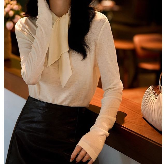 Tie-Neck Tee with Long Sleeves