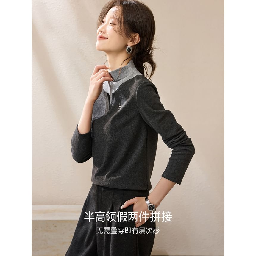 Two-Tone Mock Neck Long-Sleeve Tee