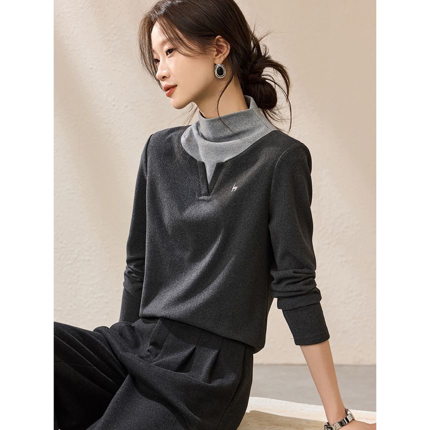 Two-Tone Mock Neck Long-Sleeve Tee