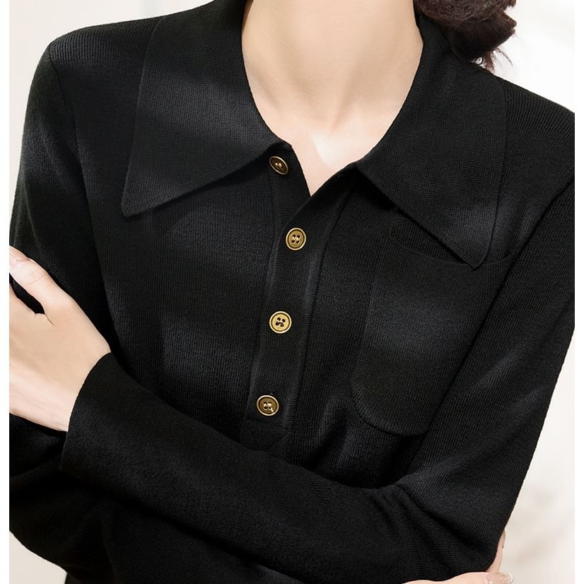 Plain Polo Knit Shirt with Long Sleeves