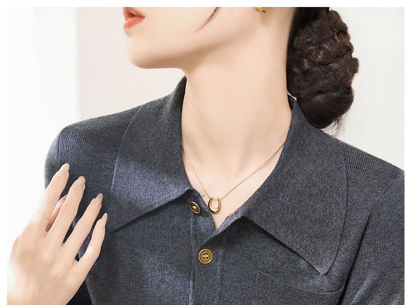 Plain Polo Knit Shirt with Long Sleeves