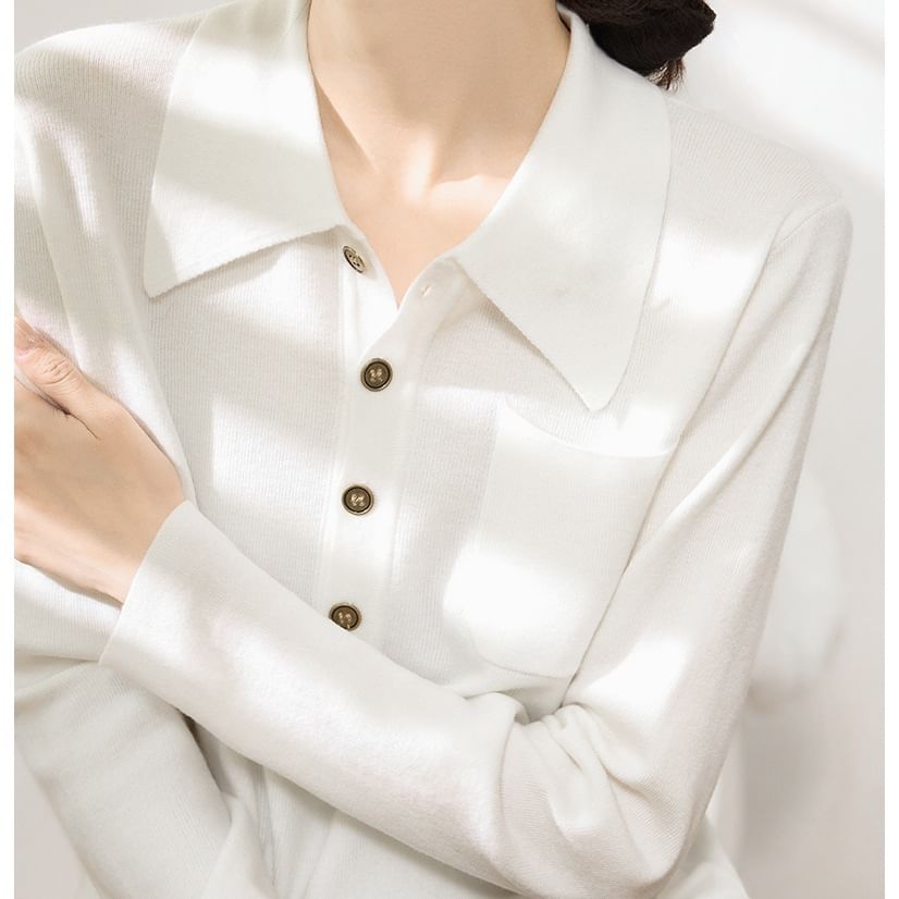 Plain Polo Knit Shirt with Long Sleeves