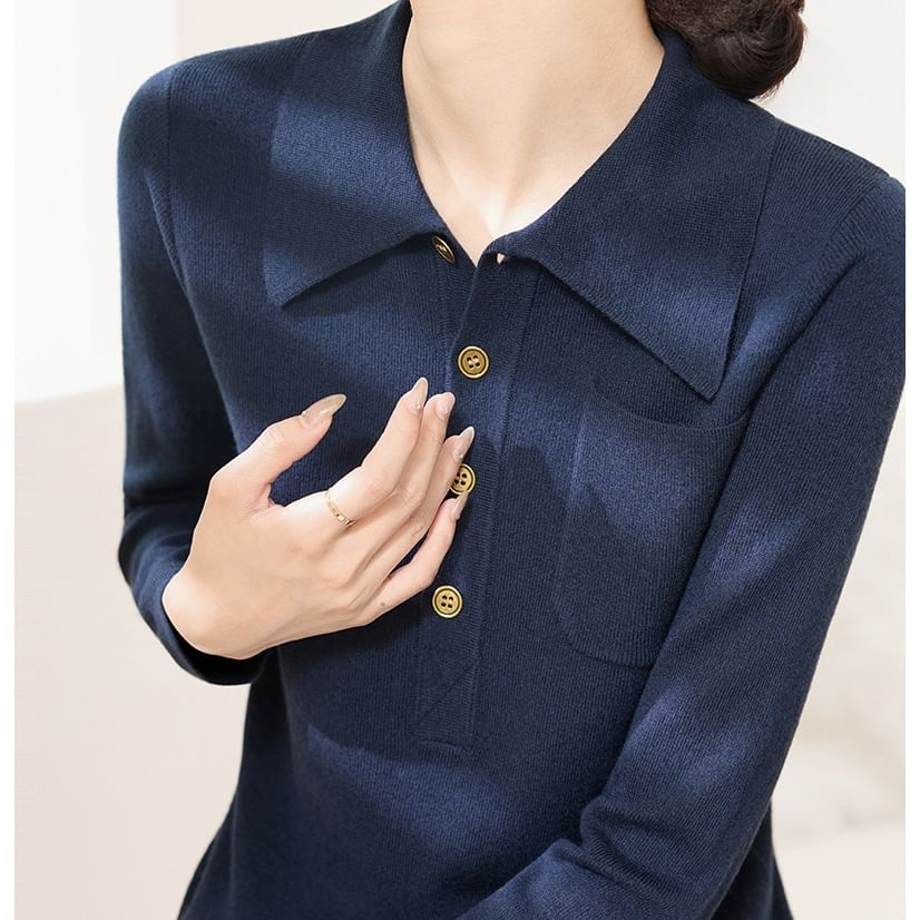 Plain Polo Knit Shirt with Long Sleeves