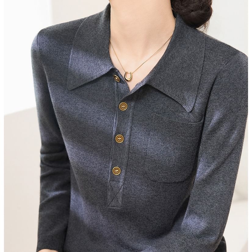 Plain Polo Knit Shirt with Long Sleeves