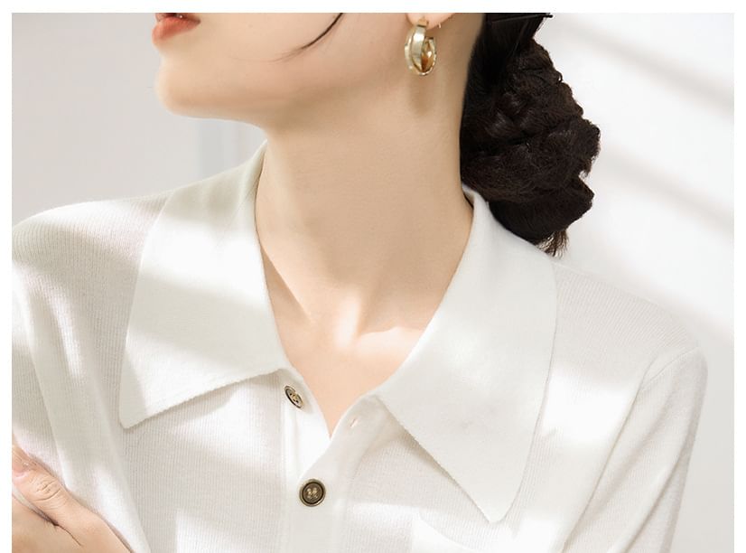 Plain Polo Knit Shirt with Long Sleeves