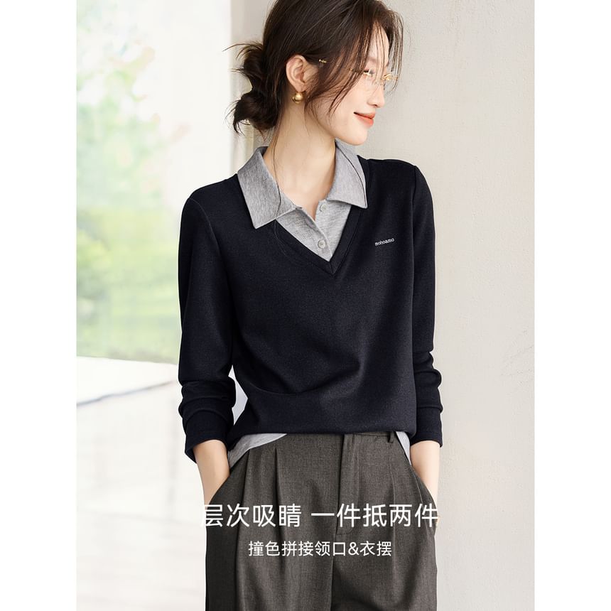 Two-Tone Collared Long-Sleeve Tee